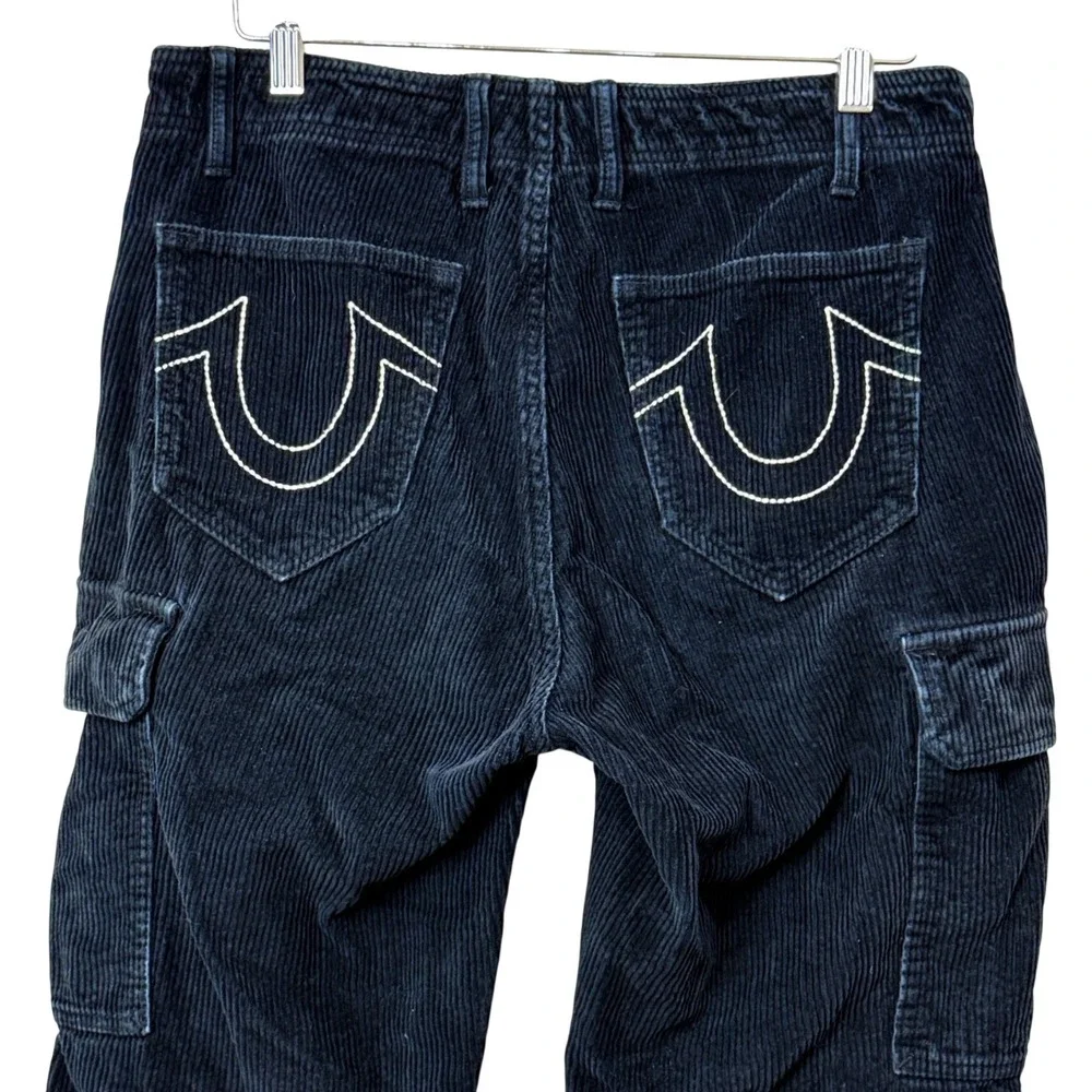 Y2K True Religion Mens 30X31 Vintage Corduroy Pant Black Cargo Horseshoe Skater